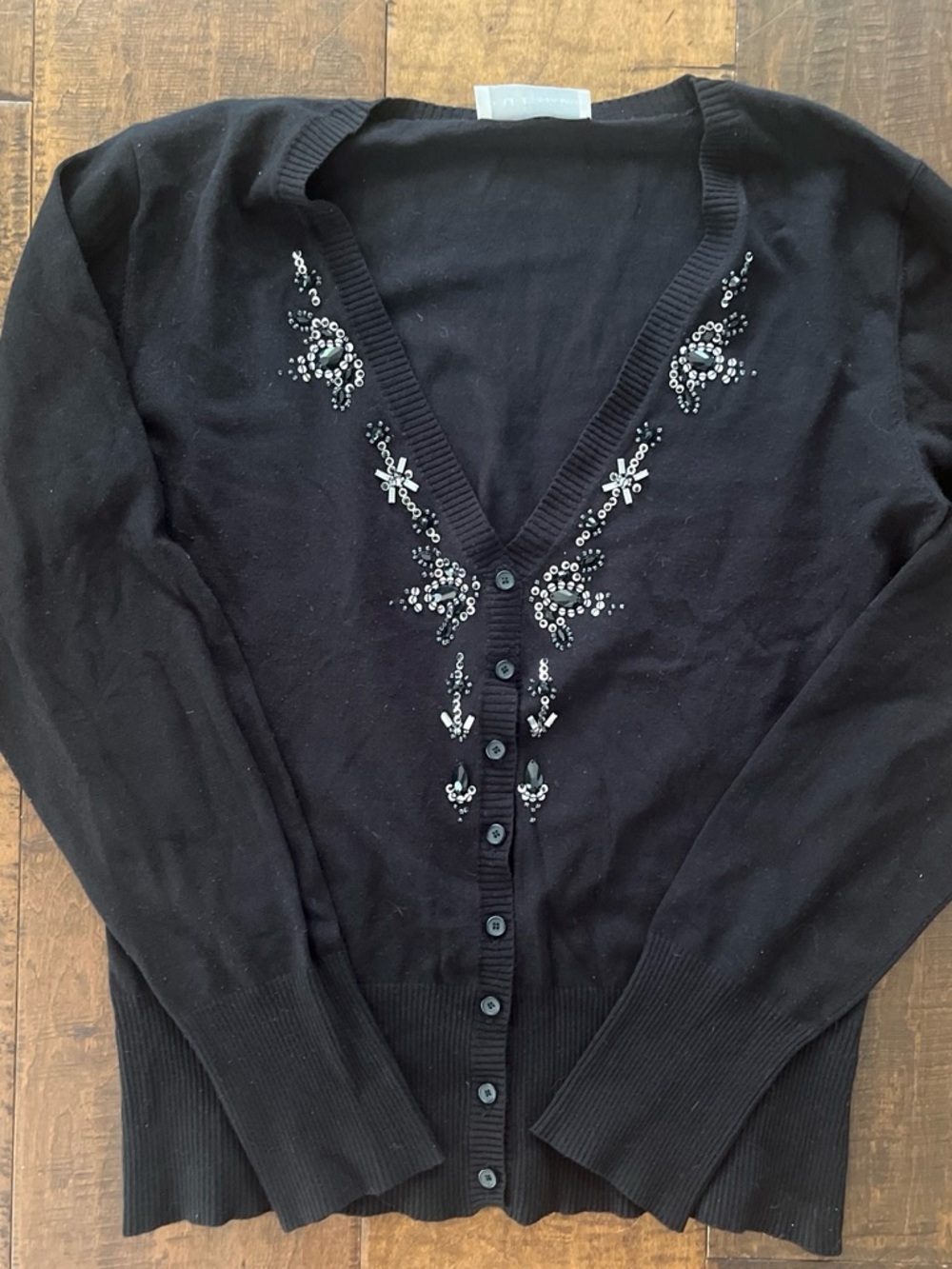 Oui Moments black cardigan with sequins and crystal embellished neckline.